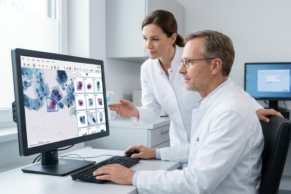 Medical professionals using ScanAI digital pathology platform for cervical cancer screening
